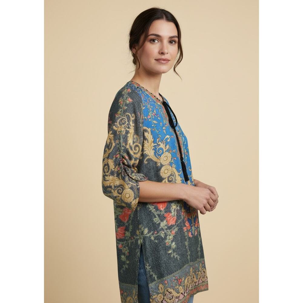 Tolani 100% Silk Baroque Floral Tunic Paisley Print Tassel Tie Women's S